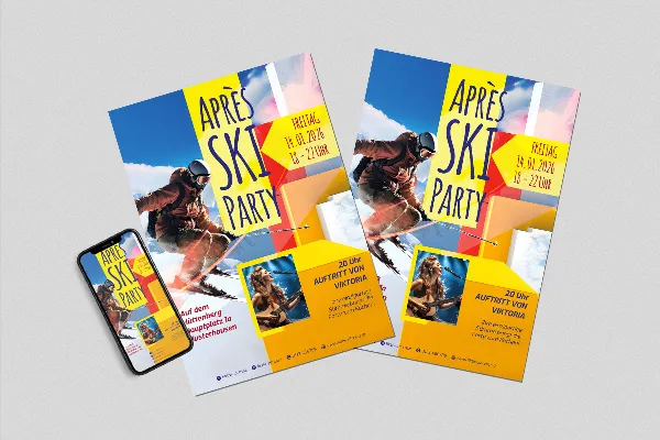 Flyer- og plakatskabelon "Snowfun" til efter-ski-fester og hygge på hytten.