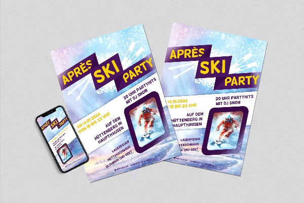 Modelo de folheto e cartaz "Snowflakes" para festas de Après-Ski e diversão nas cabanas.
