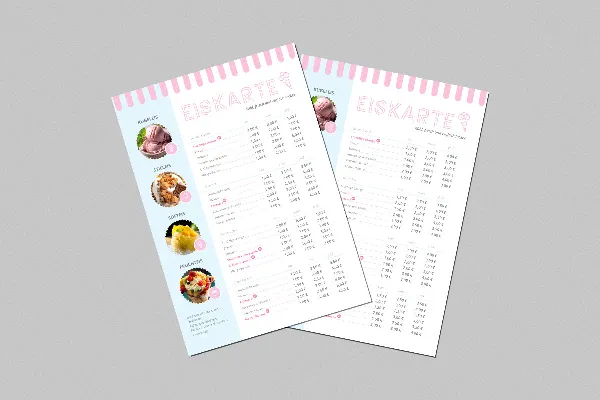 Classico modello di menu per gelateria per InDesign, Photoshop, Affinity Publisher, Affinity Photo e Word
