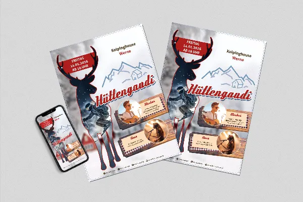 Modelo de folheto e cartaz "Natureza" para festas de Après-Ski e diversão em chalé.