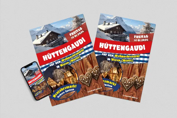 Modelo de folheto e cartaz "Mercado de Inverno" para festas de après-ski e diversão em cabanas.