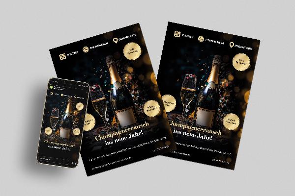 Silvester und Neujahr: Flyer- und Plakat-Vorlage „Champagnerrausch“