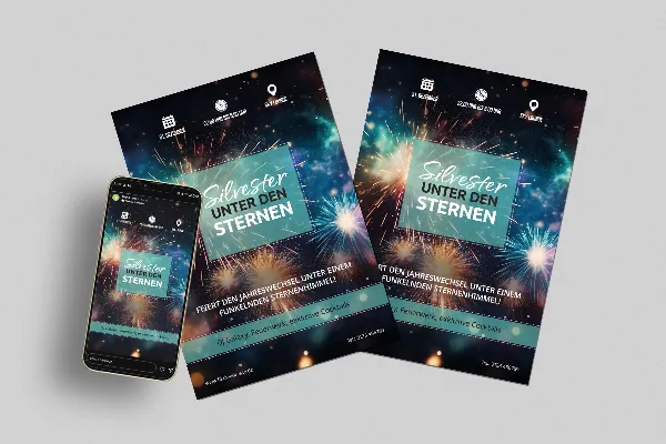 Silvester und Neujahr: Flyer- und Plakat-Vorlage „Feuerwerk“