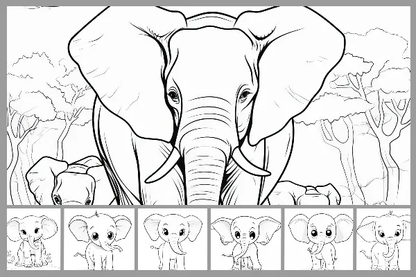 12 Ausmalbilder mit Elefanten