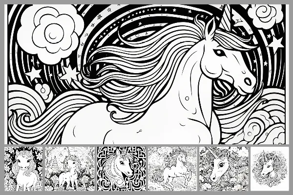 Ausmalbilder „Einhorn“ für Kinder – diverse Muster und Mandalas