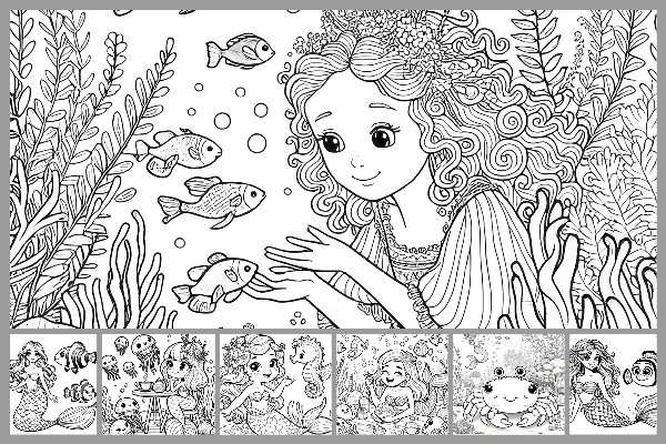 Ausmalbilder „Meerjungfrau“ für Kinder – kleine Unterwasserfreunde: Krebs, Fisch, Qualle