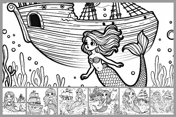 Ausmalbilder „Meerjungfrau“ für Kinder – mit Schiff & Schatz