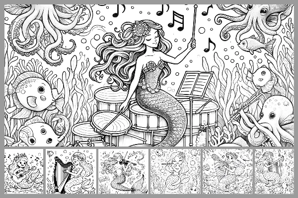 Ausmalbilder „Meerjungfrau“ für Kinder – Musikinstrumente