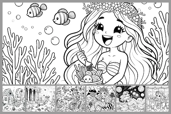 Ausmalbilder „Meerjungfrau“ für Kinder – verschiedene Umgebungen