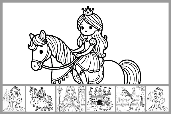 Ausmalbilder „Prinzessin“ für Kinder – mit Pferd und Königsschloss