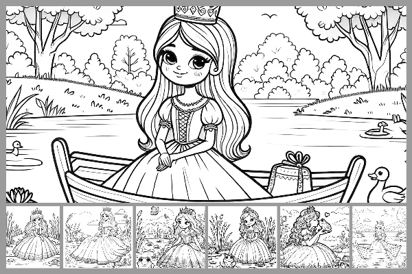 Coloriages "Princesse" pour enfants - au bord de l'étang avec une grenouille.