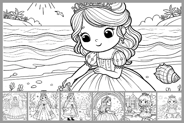 "Princess" coloring pages for children - different environments