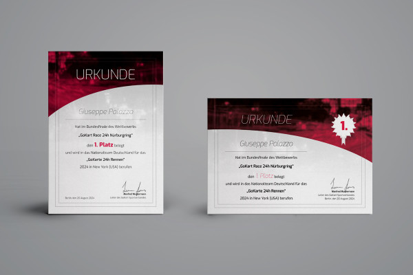 Diseño creativo de certificado (torneo de karts) en formato vertical y horizontal