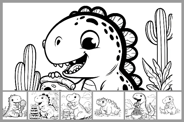 Çocuklar için "Dinozor" boyama sayfaları - Dinozorlar yemekte