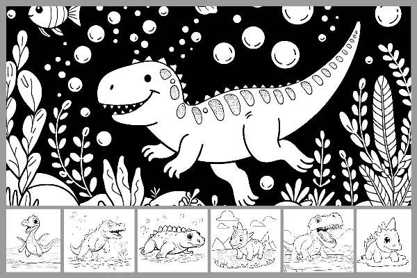 Çocuklar için "Dinozor" boyama resimleri - Suda dinozorlar.