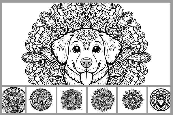 Mandala-malebøger med skov- og husdyr.