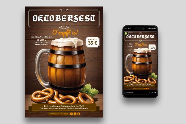 Oktoberfest: Mall för sociala medier, flygblad och affisch med temat "ölfat