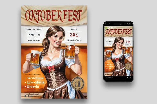 Oktoberfest: Social Media-, flyer- & plakat-skabelon "Pige med rød sløjfe