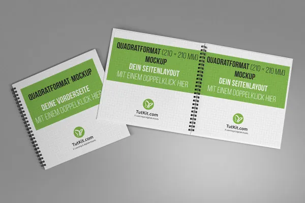 Mockup for firkantet brochure med spiralbinding: liggende, omslag, to indersider.