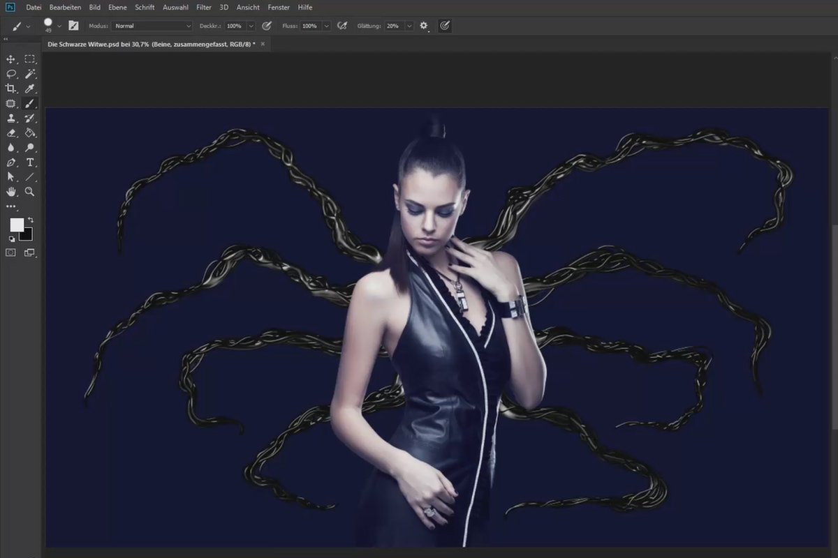 Compositing in Photoshop voor beginners: Zwarte weduwe - 3 benen in de afbeelding schilderen