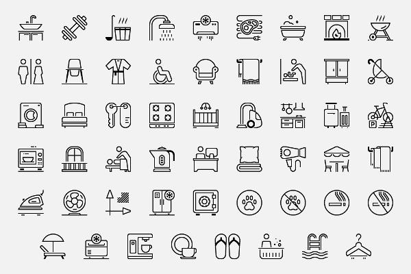 Icon set "Holiday accommodation": Equipment (outlined)