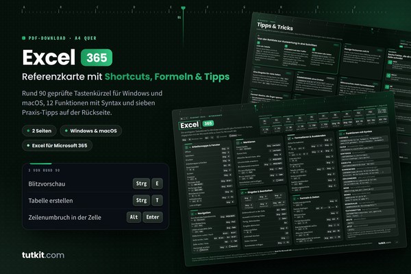 Referenzkarte Microsoft Excel 365: Shortcuts, Formeln & Tipps (Ausgabe 2026)