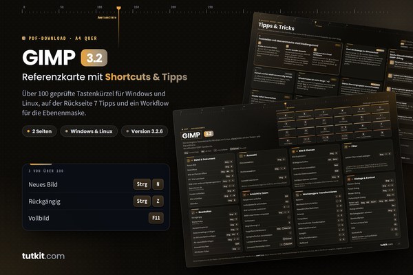 Referenzkarte GIMP 3.2: Tastaturkürzel & Tipps (Ausgabe 2026)