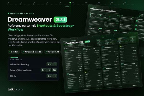 Referenzkarte Adobe Dreamweaver: Tastaturkürzel & Bootstrap-Workflow (Ausgabe 2026)