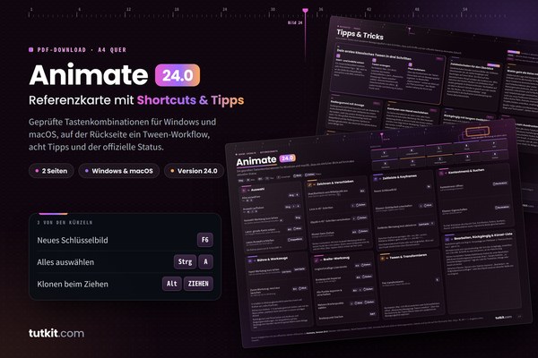 Referenzkarte Adobe Animate 24: Tastaturkürzel & Tipps (Ausgabe 2026)