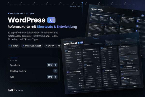 Referenzkarte WordPress 7.1: Shortcuts & Entwicklung (Ausgabe 2026)