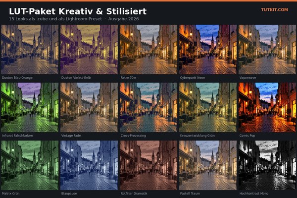 LUT-Paket Kreativ & Stilisiert: 15 gestalterische Looks von Duoton bis Cyberpunk (Ausgabe 2026)