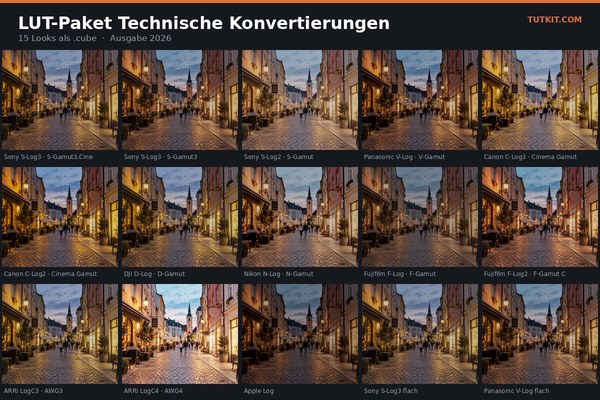 LUT-Paket Log nach Rec.709: 15 Konvertierungen für Sony, Panasonic, Canon, DJI, Nikon, Fujifilm, ARRI und Apple (Ausgabe 2026)