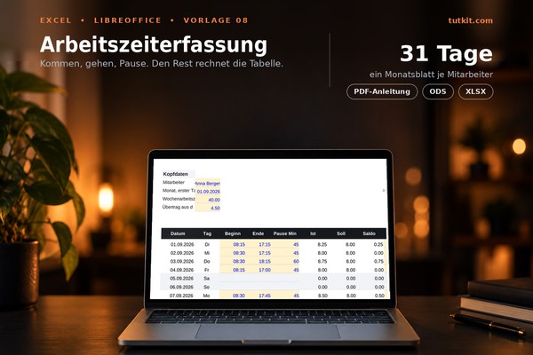 Time tracking: Excel timesheet with target-actual comparison and overtime account (Edition 2026)