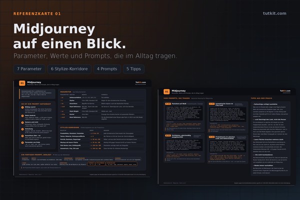 Referenzkarte Midjourney: Parameter, Stylize-Werte und Prompts zum Abtippen (Ausgabe 2026)