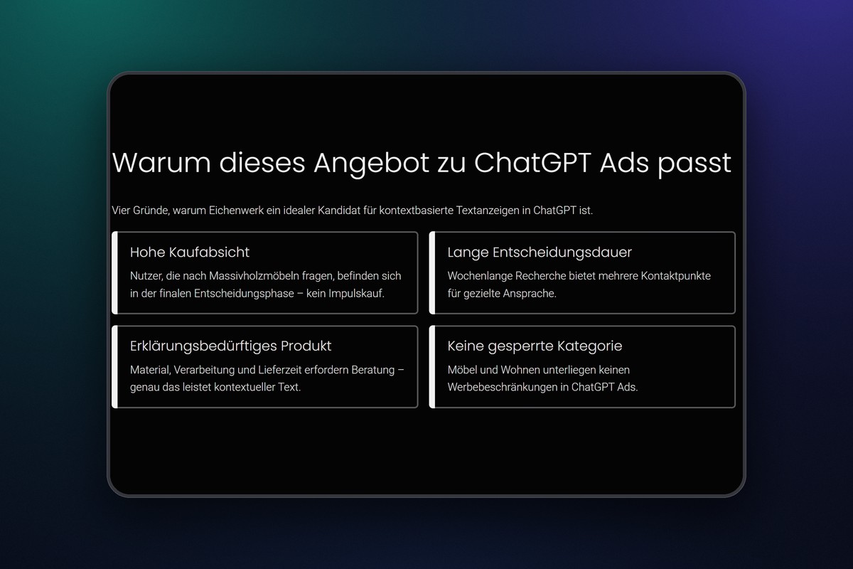 ChatGPT Ads: 2.2 Fallstudie Eichenwerk: Angebot, Preis, Kaufentscheidung