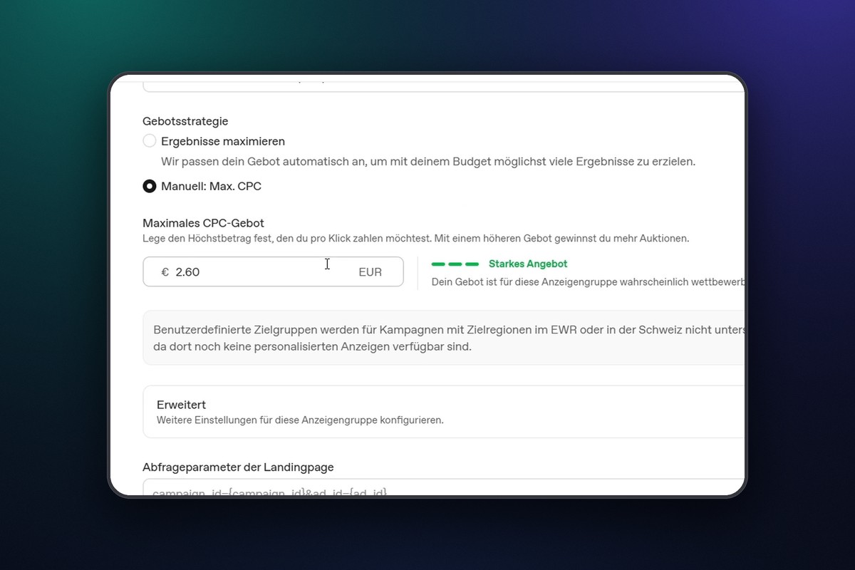 ChatGPT Ads: 4.4 Anzeigengruppe: Gebot, URL & Kontext festlegen