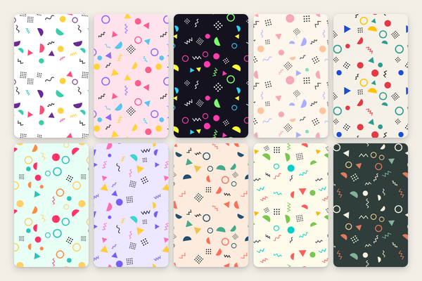 Memphis large shapes: 10 endless patterns as SVG, 4K-PNG, and CSS