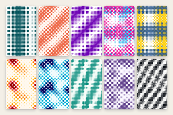 Halftone Gradients & Duplex Screens: 10 Endless Patterns as SVG, 4K PNG, and CSS