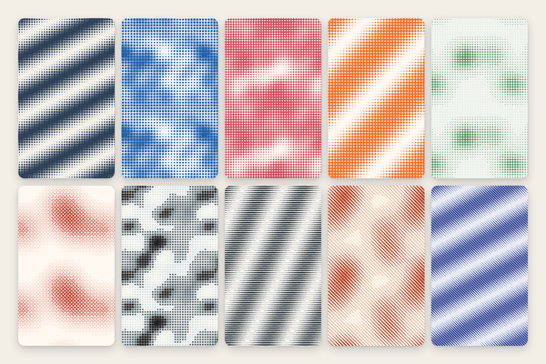 Halftone raster with shapes & lines: 10 endless patterns as SVG, 4K PNG, and CSS