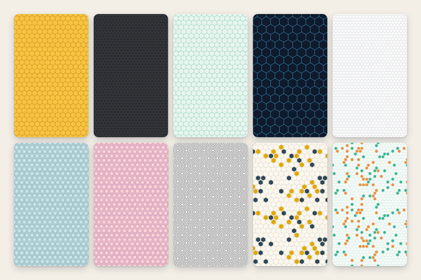 Honeycomb grid, rings & scattering: 10 endless patterns as SVG, 4K PNG, and CSS