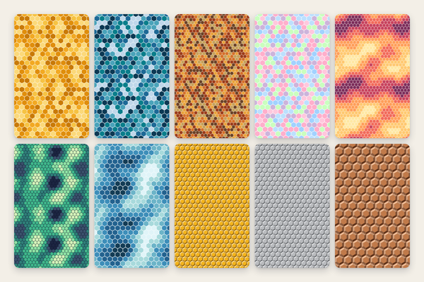 Honeycomb mosaic, gradients & 3D honeycombs: 10 endless patterns as SVG, 4K-PNG and CSS