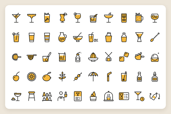 Iconos de cócteles y accesorios de bar: 50 iconos vectoriales en línea y duotono