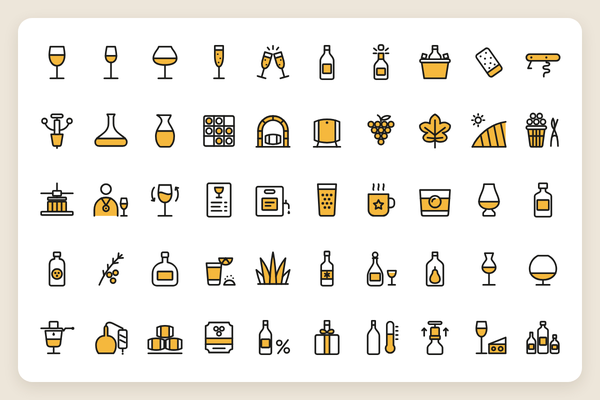 Iconos de vino, champán y licores: 50 iconos vectoriales en línea y duotono