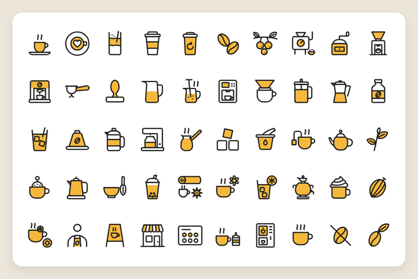 Iconos de café, té y bebidas calientes: 50 íconos vectoriales en línea y duotono