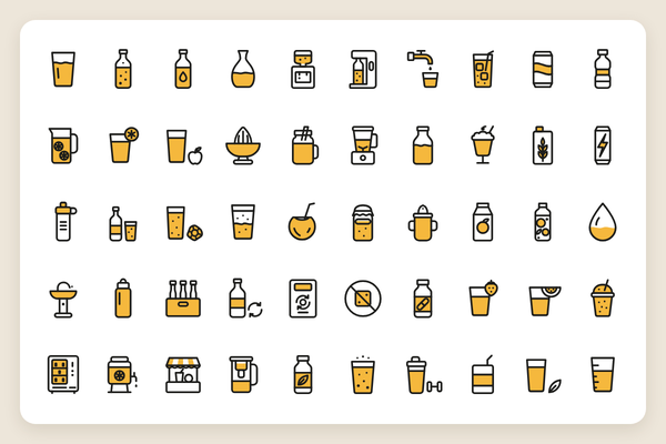 Iconos de agua, refrescos y jugos: 50 iconos vectoriales en línea y duotono