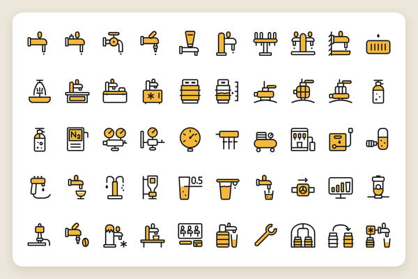 Iconos de sistemas de tirado y tecnología de grifo: 50 iconos vectoriales en estilo lineal y duotono
