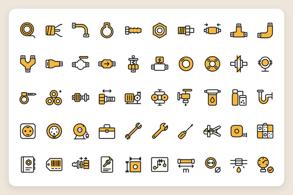 Íconos de líneas, conexiones y accesorios: 50 íconos vectoriales en línea y duotono