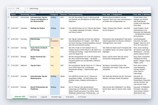 Content-Datenbank 2027 mit 277 Anlässen (Excel und CSV)