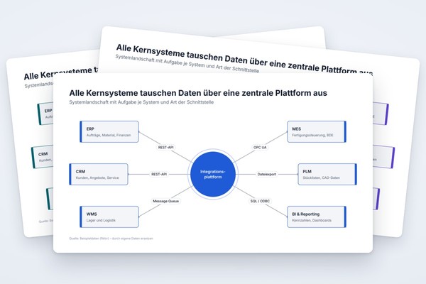 Infografik-Vorlage: Systemlandschaft mit zentraler Integrationsplattform