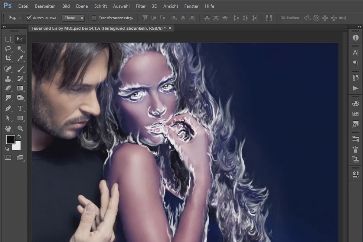 Photoshop-kompositointi - Tuli ja jää - Osa 04: Taustan tummentaminen ja värien valmistelu